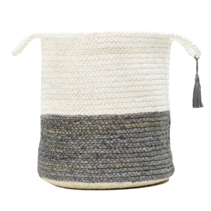 Handmade Round Jute Storage Basket with Gray and White Stripes
