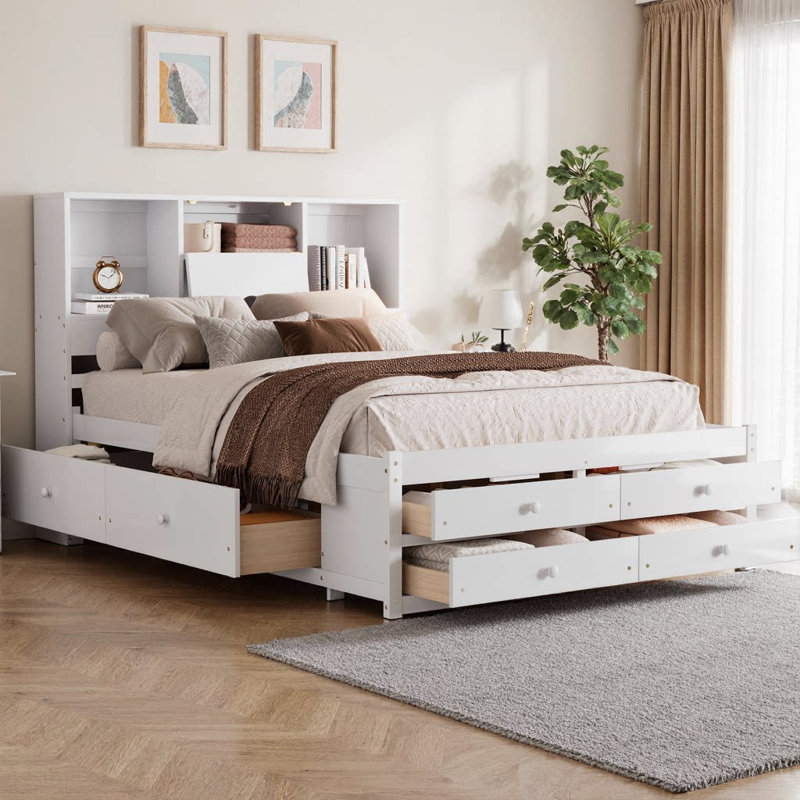 Grand lit plateforme avec tête de lit et 8 tiroirs Hartland, Blanc