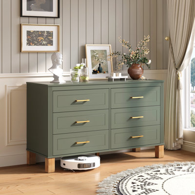 Commode double 6 tiroirs en vert olive, armoire de rangement moderne avec poignées en métal et pieds en bois massif, organisateur de tiroir pour chambre d'enfant, commode en bois robuste avec préinstallé