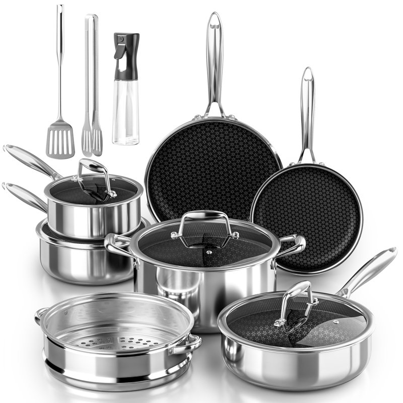 Ensemble de batterie de cuisine 14 pièces en acier inoxydable avec compatibilité à induction , Honeycomb Silver