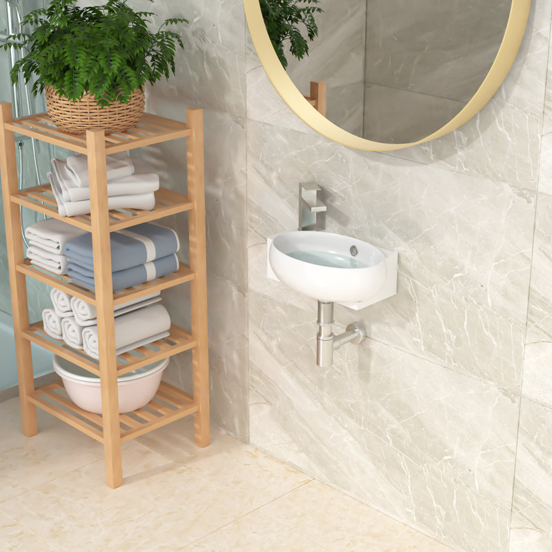 16" L X 11" W Wall Mounted Bathroom Sink Oval White Ceramic Bathroom Sink Wall Hung Ceramic Sink, Left