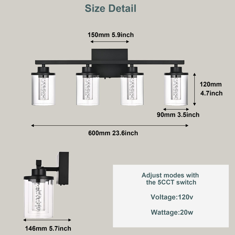 LED Modern Bathroom Light Fixtures Over Mirror, 5-Light Vanity Lights With 5 Color Modes, Dimmable Bathroom Vanity Light With Crystal Bubble Glass, (Built-In LED Bulbs Included)