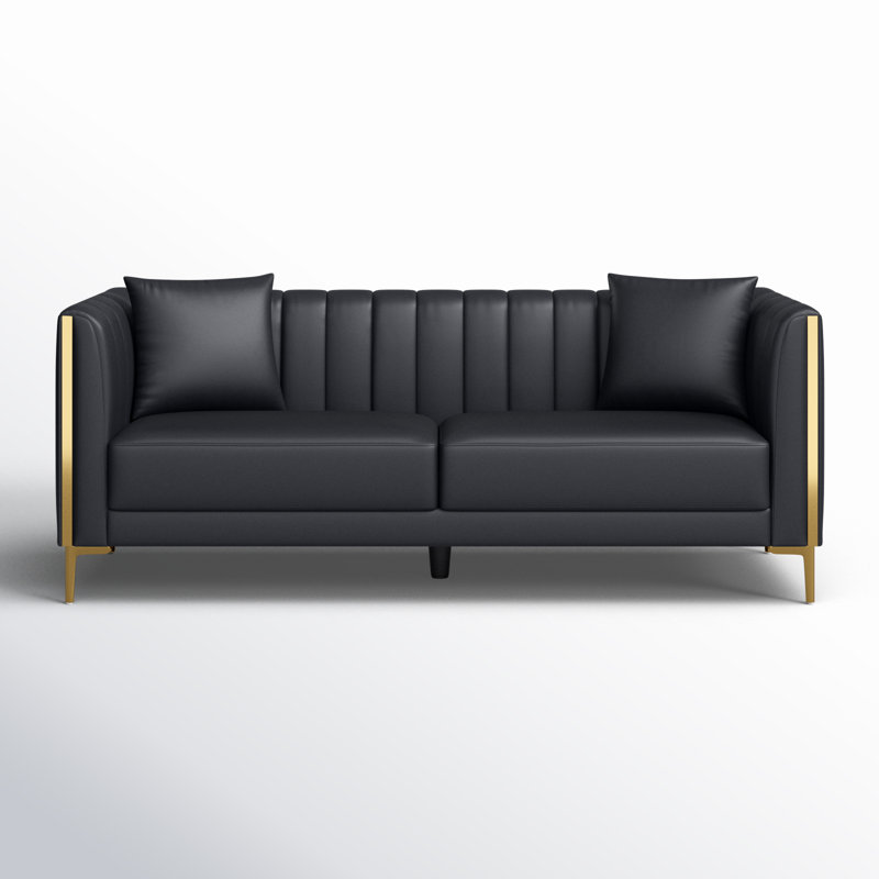 Dreiling 77.6" Faux Leather Tuxedo Arm Sofa, Black Performance Faux Leather