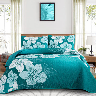 3 Piece Botanical Floral Quilt Set  with Pillow Shams Soft Lightweight Flower Bedding Set for All Season