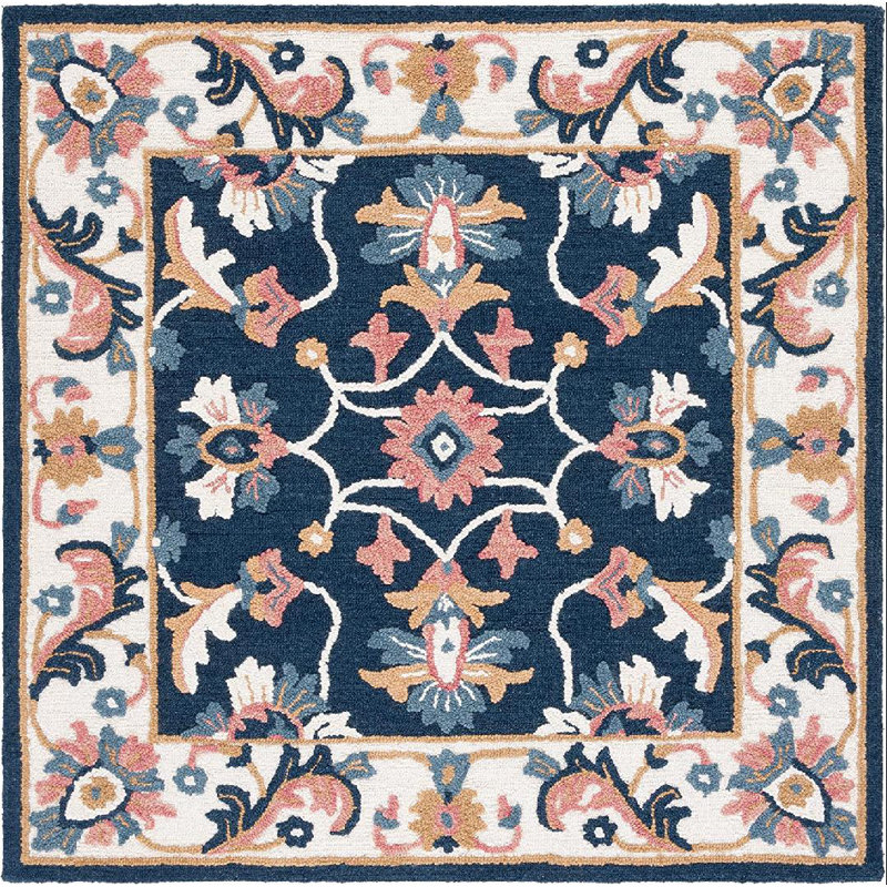 Tapis oriental en laine / coton touffeté à la main Blossom ivoire / bleu, Carré 6 pi