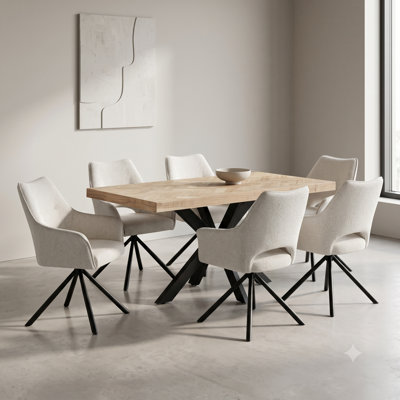  Modern 140cm Pure Mango Wood Dining Table Set With 6 White Bouclé Fabric Chairs 7 Piece Dining Set