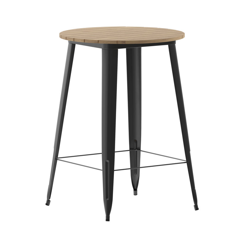 Greory Round Commercial Indoor/Outdoor Poly Bar Top Restaurant Table with Steel Frame, Brown Top/Black Base, 30" W x 30" L