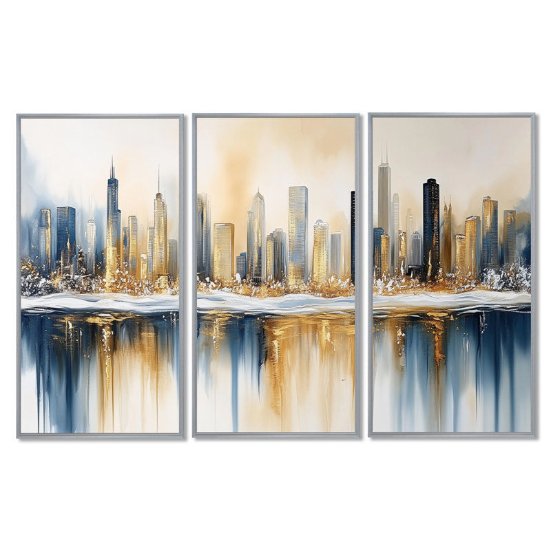 «Chicago Winter Cityscape - Blue Skyline», art mural encadré 3 pièces, H 40 po x l 60 po, Encadrement argenté