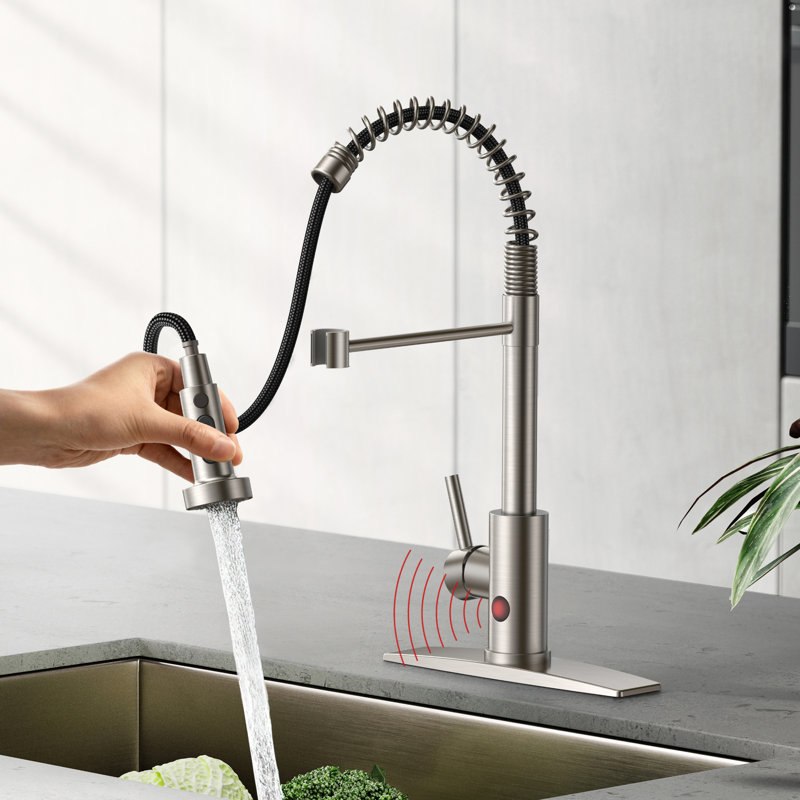 Robinet de cuisine rétractable sans contact avec plaque de pont, Nickel brossé