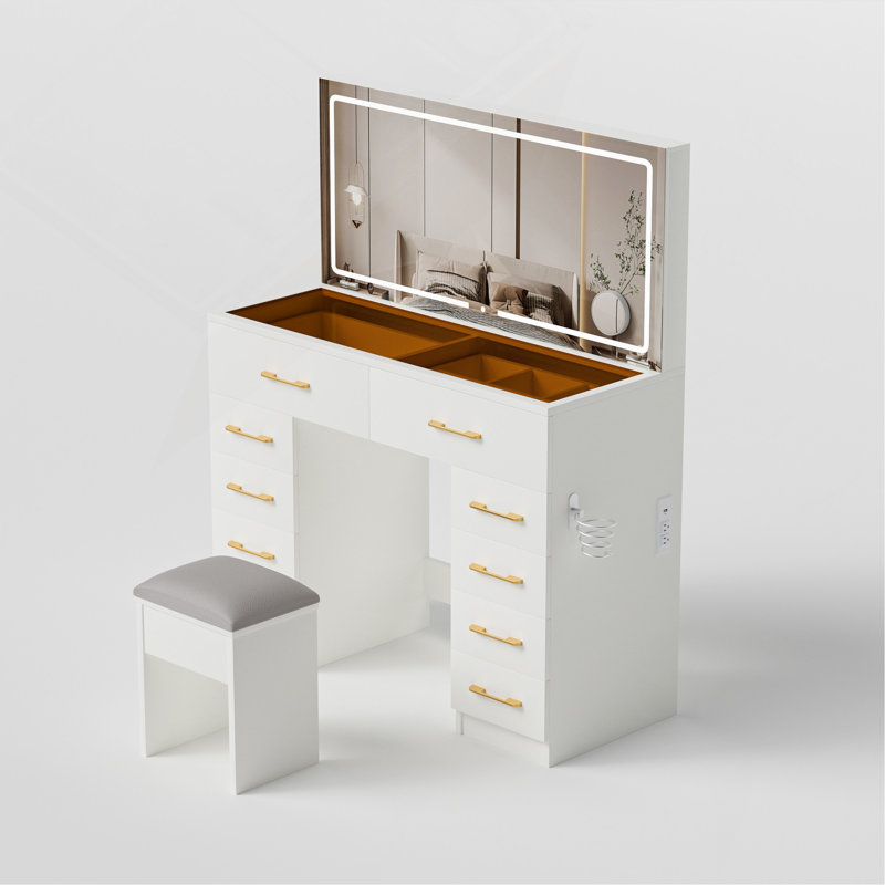 Meuble-lavabo de 46 po avec miroir à 10 tiroirs avec miroir et tabouret, 3 coiffeuses, prise de courant, glissières silencieuses et grand meuble-lavabo blanc pour la chambre à coucher