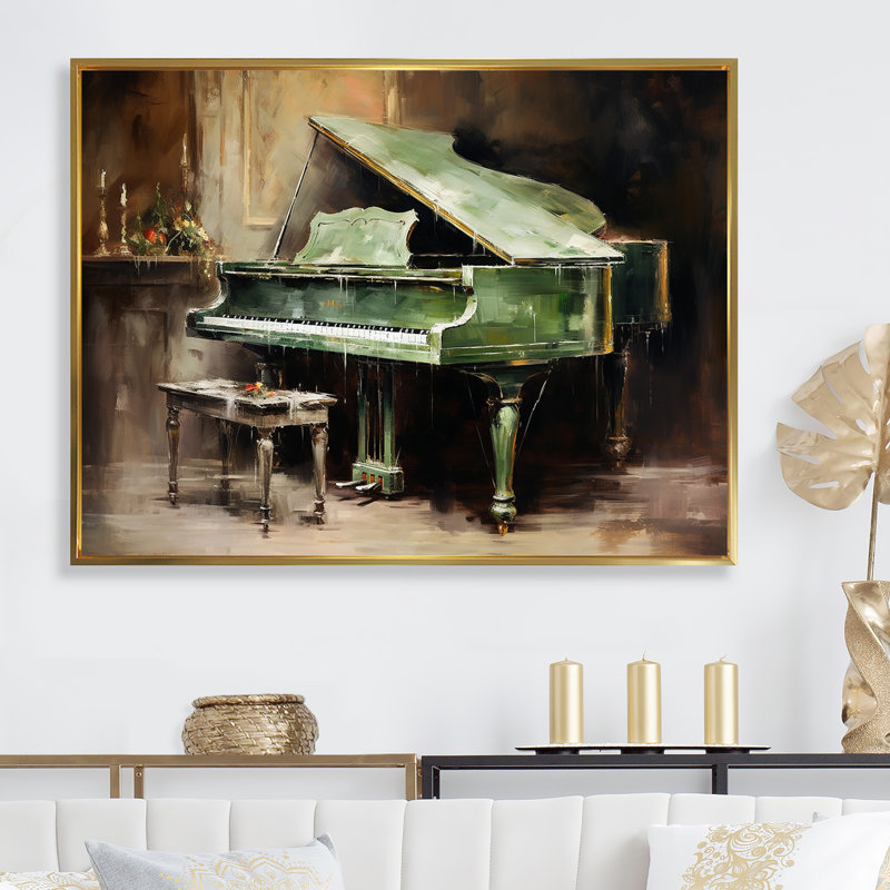 «Green Piano Impressionist», instrument sur toile, Encadrement doré, H 30 po x l 40 po