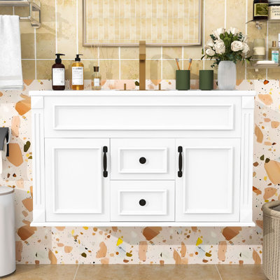 Meuble-lavabo flottant mural avec lavabo en céramique, portes et tiroirs à fermeture en douceur