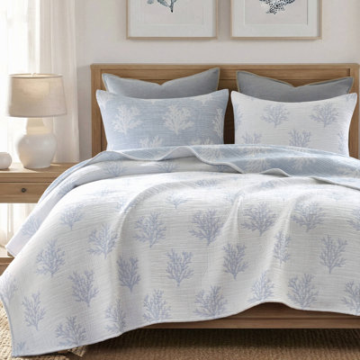 Ensemble de courtepointe réversible 3 pièces en coton teint en fil, bleu, King/Cal King