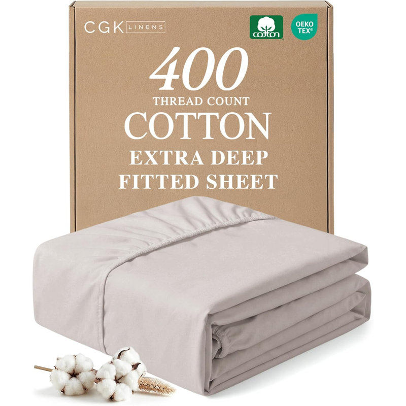 100% Cotton Fitted Sheet Only, 400 Thread Count Hotel Luxury Bedding, Soft & Breathable, Deep Pocket 8–16 Inch Mattress Fit