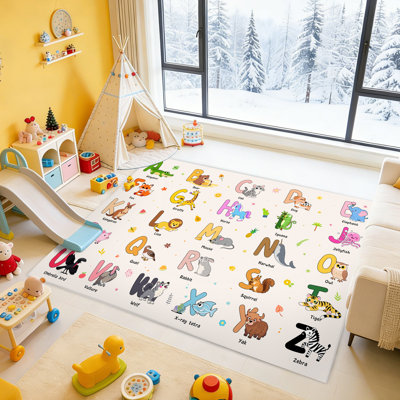Tapis pour salle de jeux, tapis éducatif ABC 5 pi x 7 pi, joli dessin animalier, tapis antidérapant doux lavable à la machine pour la classe et le décor de la salle de jeux, beige