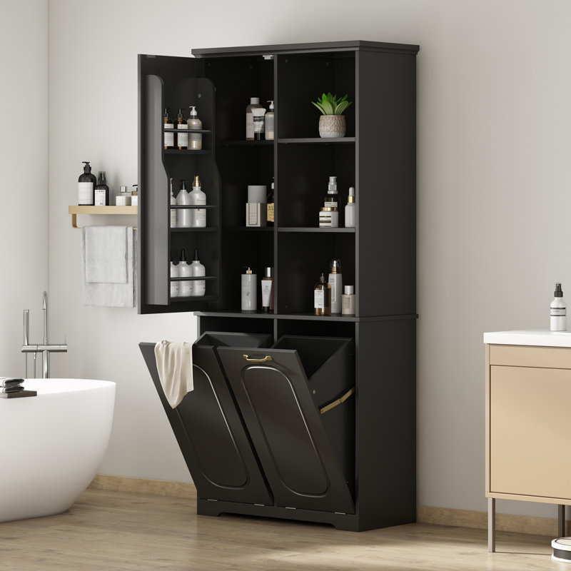 Freestanding Tall Bathroom Storage Cabinet With 2 Tilt-Out Laundry Hampers And Adjustable Shelves, Black