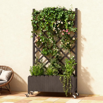 Raised Garden Bed With Trellis And Wheels,48Inch Elevated Planter Box With Drainage Holes,Lattice Privacy Screen For Climbing Plants Vegetables,Outdoor For Patio Balcony Yard