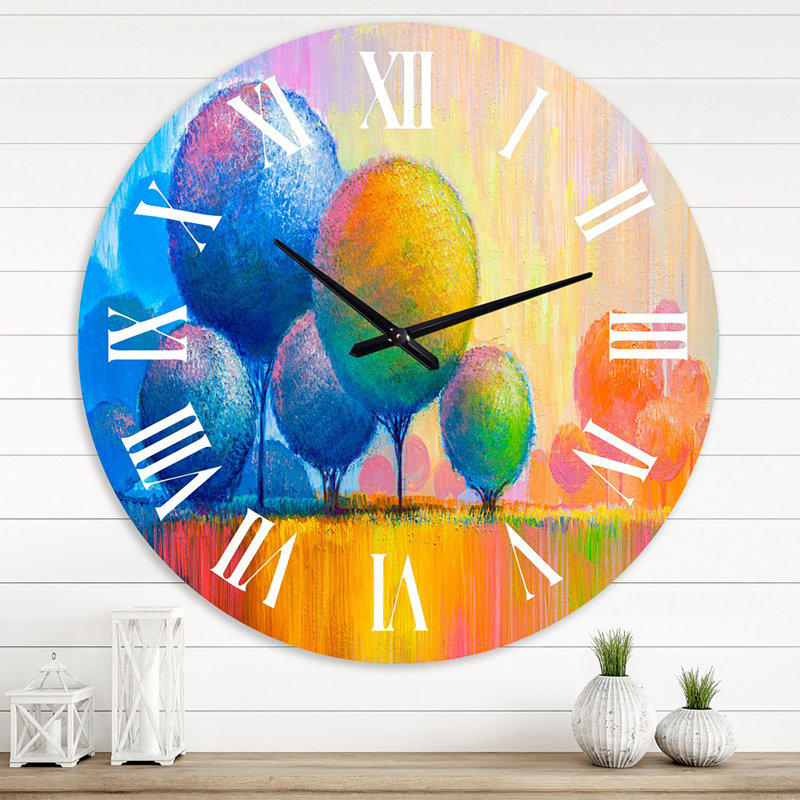 Arbres colorés et ornementaux colorés VII - Horloge murale moderne, Surdimensionné