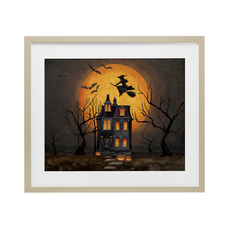 Haunted Night Mansion, reproduction d'art sous verre encadrée par Nicole Tamarin, H 13 po x l 16 po, Cadre de récolte en pin