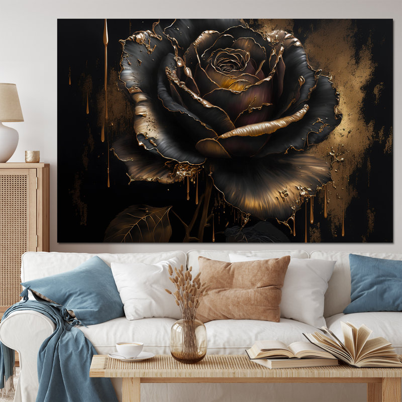 «Black and Gold Rose I», art mural sur toile floral et botanique