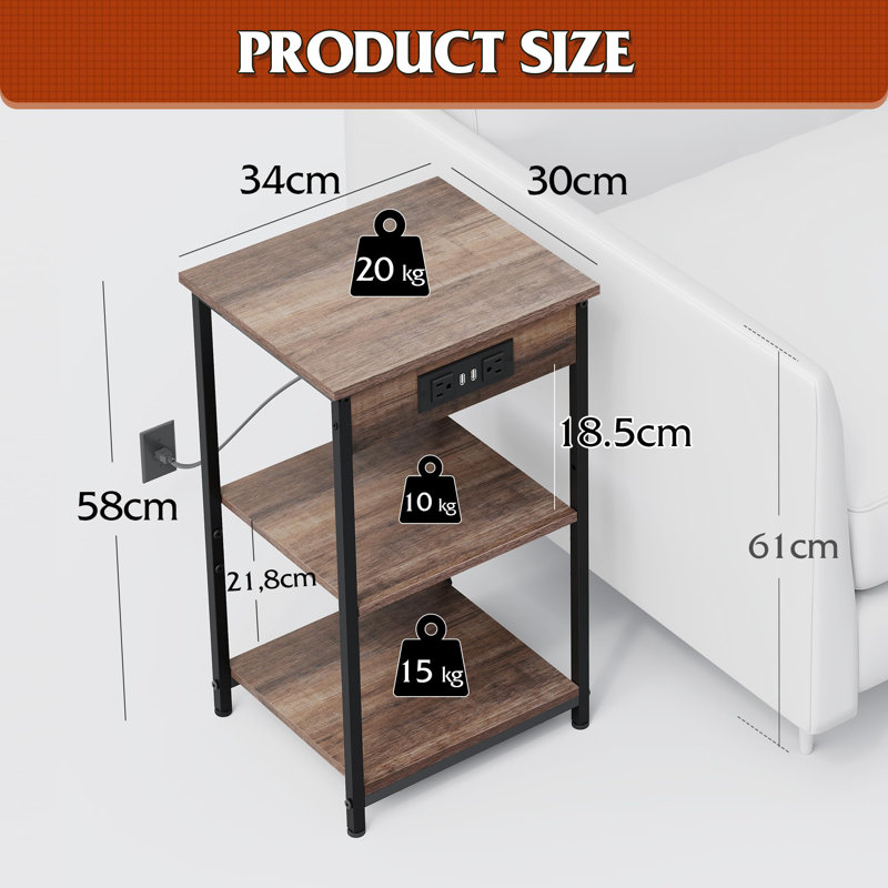 3-Tier Side Table with Storage, Brown