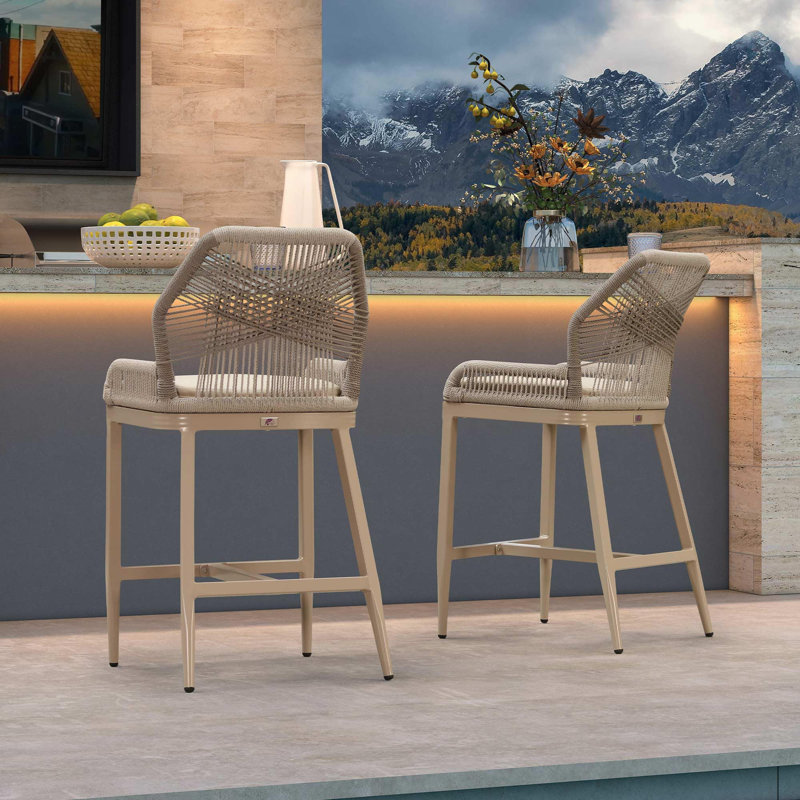 Purple Leaf Patio Upgraded Fabric Counter Height Bar Stools 24" H Set Of 2 Modern Rattan Bar Chairs Aluminum Stool Outdoor Wicker Barstools With Back And Cushion For Garden Kitchen Island