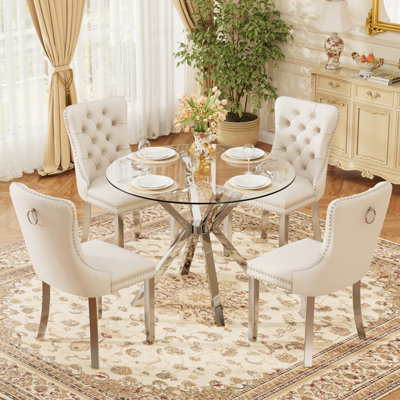 Ensemble de table de salle à manger rond transparent pour 2 à 4 personnes, table de cuisine moderne en verre trempé et chaises avec fauteuil capitonné en velours pour la salle à manger, petit espace, appartement