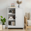 Armoire de salle de bain, support de rangement autoportant pour la cuisine, armoire de rangement au sol 23,62 po x 11,81 po x 31,5 po avec 1 armoire, 3 compartiments ouverts, tablettes réglables, blanc