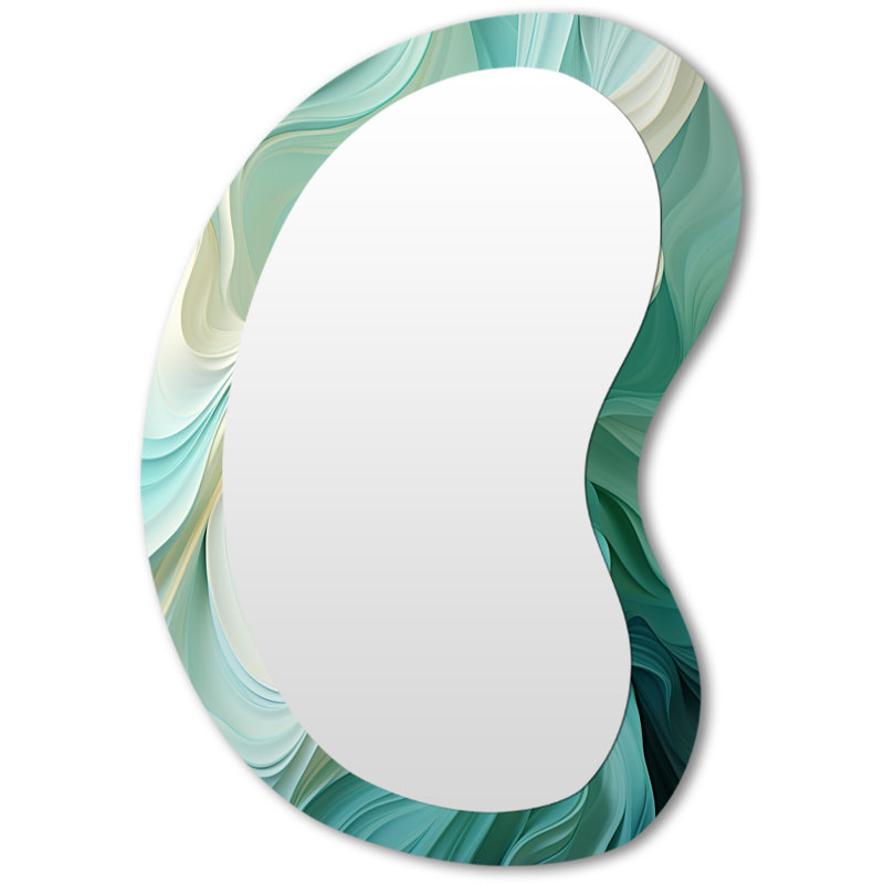 Ericah Gree and white Sway wave Serenity II - Geometric Asymmetrical Mirror, Green Irregular Shape Decorative Wall Mirror, Printed Metal Art
