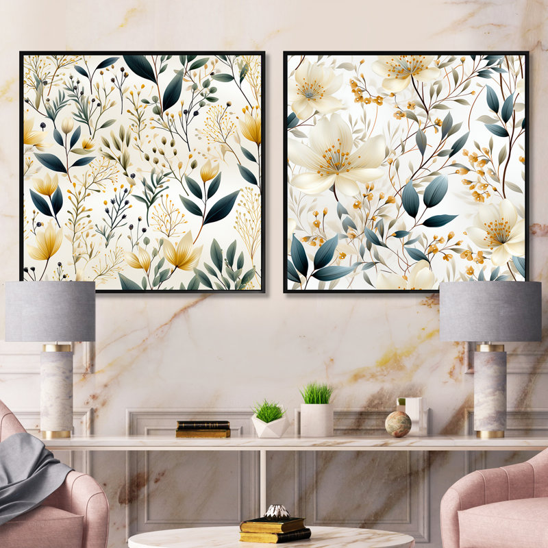 Whitby - Ensemble de 2 collages carrés floral et botanique, Cadre flottant noir, H 36 po x l 73 po