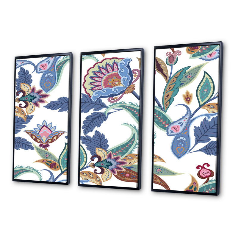 «Fantasy Flowers Paisley» - Ensemble de 3 reproductions sur toile flottantes, H 20 po x l 36 po x P 1 po, Cadre noir