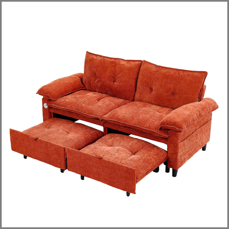 Canapé-lit convertible 73 po en velours orange avec matelas coulissant