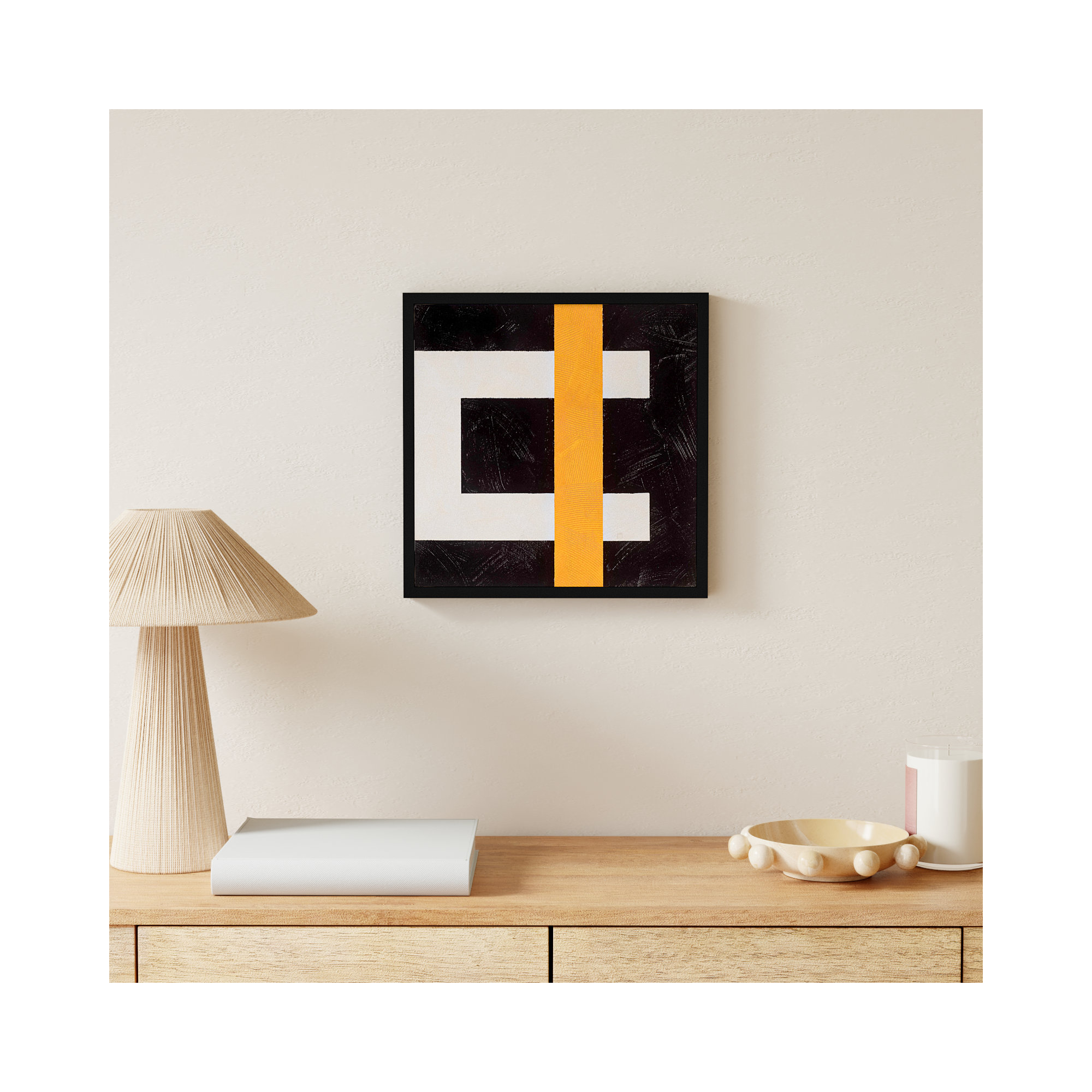 Composition With Yellow 3 by Robert Kamnatnik, 16" H x 16" W x 1.25" D, Black Framed Paper
