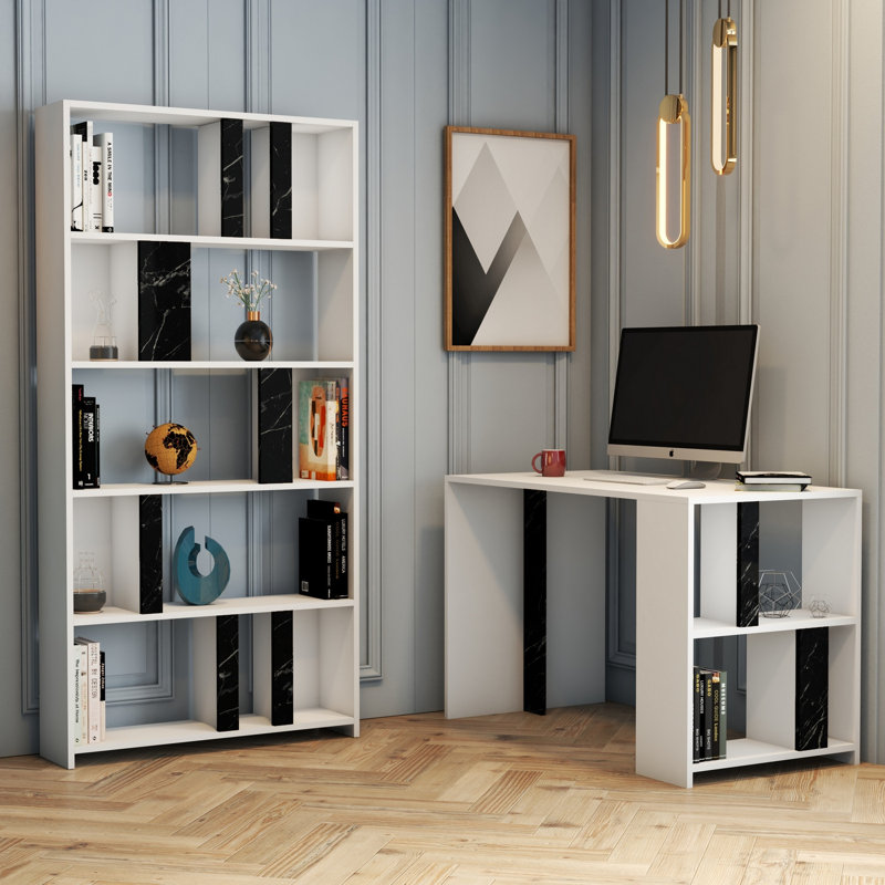 Ensemble de bureau et bibliothèque Modern Study, blanc et noir, 47,2 po x 29,7 po x 23,6 po | 100% panneau de particules enduit de mélamine, épaisseur: 0,7 pouce | Nombreuses tablettes, à fixation murale, élégantes et fonctionnelles pour le bureau à domicile