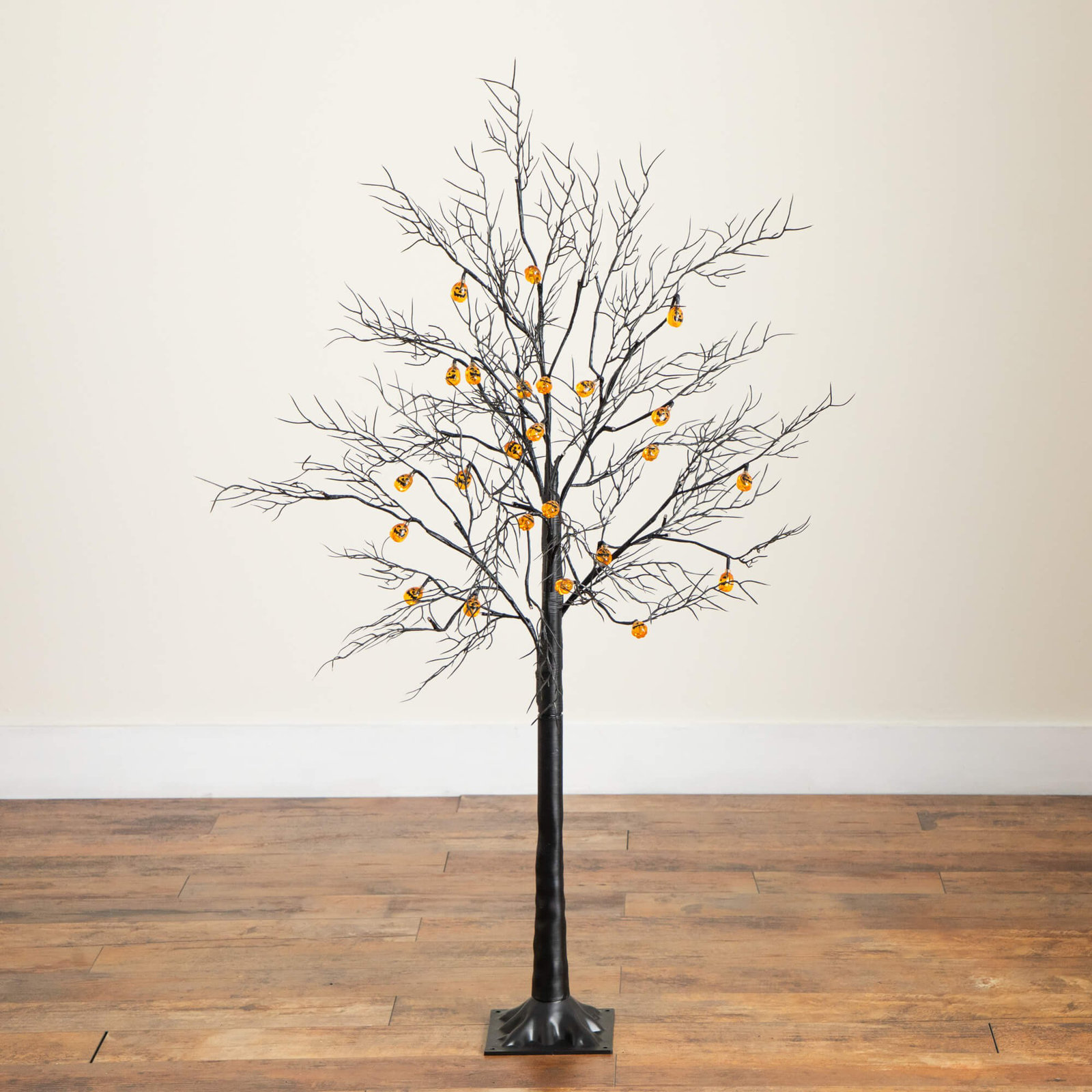 Pre-Lit Halloween Black Twig Tree with Pumpkins, 48" H x 20" W x 20" D