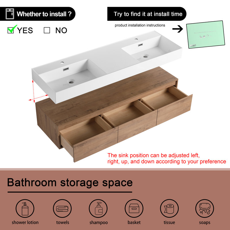 Meuble-lavabo double 60 po avec plateau en résine