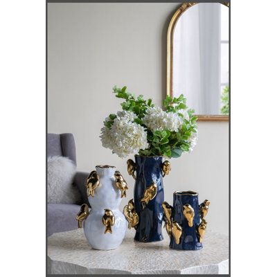 8x8x15.5" Blue Ceramic Tree Branch Vase with Gold Bird Accents
