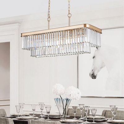 Lustre linéaire moderne en cristal de 33,5 po, suspension rectangulaire réglable en hauteur pour îlot de cuisine avec cadre en fer doré, culot E12 (ampoules non comprises)