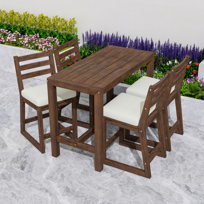Ensemble de table de salle à manger d'extérieur rustique 5 pièces avec plateau à lattes, chaises ergonomiques et coussins amovibles