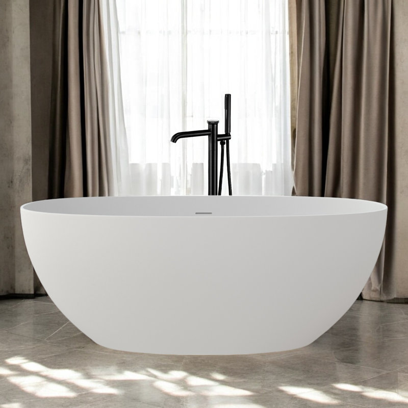 59'' X 30.7'' Freestanding Soaking Solid Surface Stone Resin Bathtub With Overflow And Pop-Up Drain