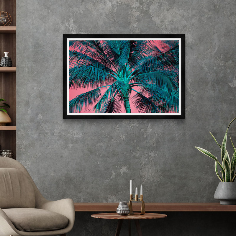 Palmier tropical en rose et bleu, Noir, H 29 po x l 42 po x P 1,5 po