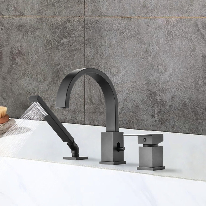 Deck Mounted Waterfall Tub Faucet In Matte Black - 3 Roman Filler. Ceramic Cartridge, 1.5 Gpm Hand Shower Flow Filler With Spout 3. 1.38" Installation Hole Diameter,