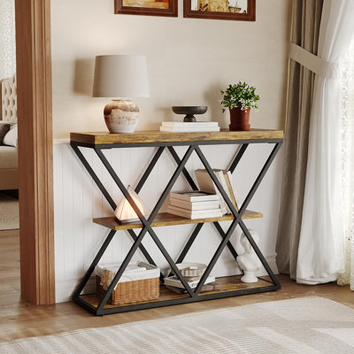 Slim 3-Tier Console Table with Open Storage Shelves – Rustic Farmhouse Entryway Sofa Table – X-Shaped Metal Legs – Space-Saving Living Room or Hallway by 17 Stories