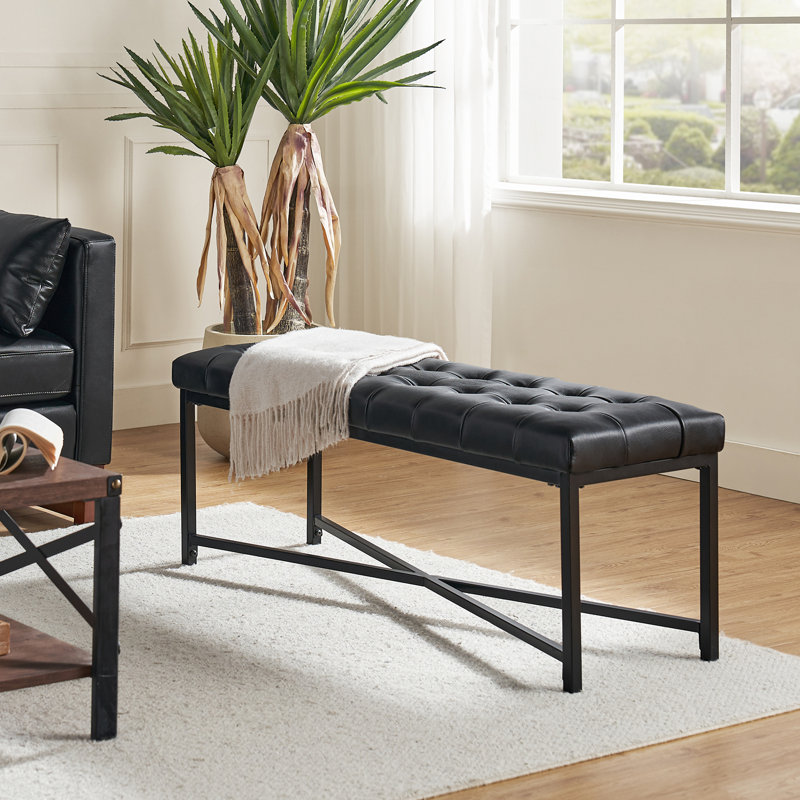 Anahli 50.5'' W Modern Genuine Leather Bench with Button-tufted and Metal Legs, Black