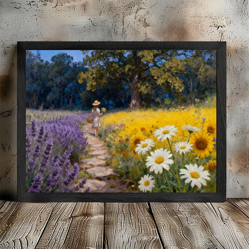 Art encadré noir avec chemin floral, impression de campagne impressionniste vibrante, H 17 po x l 25 po