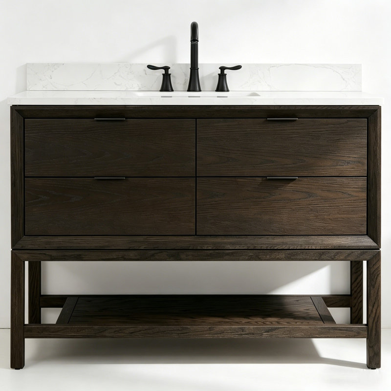 48" Transitional Medium Wood Bathroom Vanity with 1" Engineered Marble Top, Brown