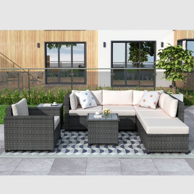 Ensemble de conversation modulaire en rotin avec coussins 8 pièces Hillcroft