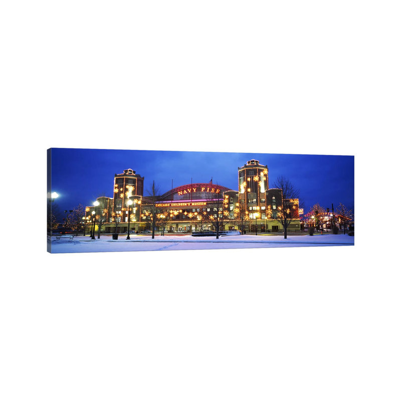 Facade Of A Building Lit Up At Dusk, Navy Pier, Chicago, Illinois, USA - Wrapped Canvas Panoramic Print