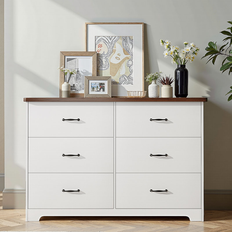 Commode double 6 tiroirs Norine, Blanc / Brun