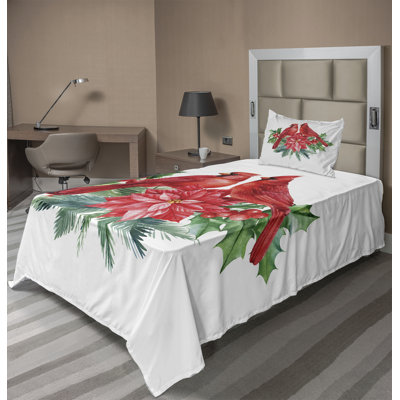 Ambesonne Cardinal Sheet SetBirds Leaves Flower Art Vermilion Fern Green